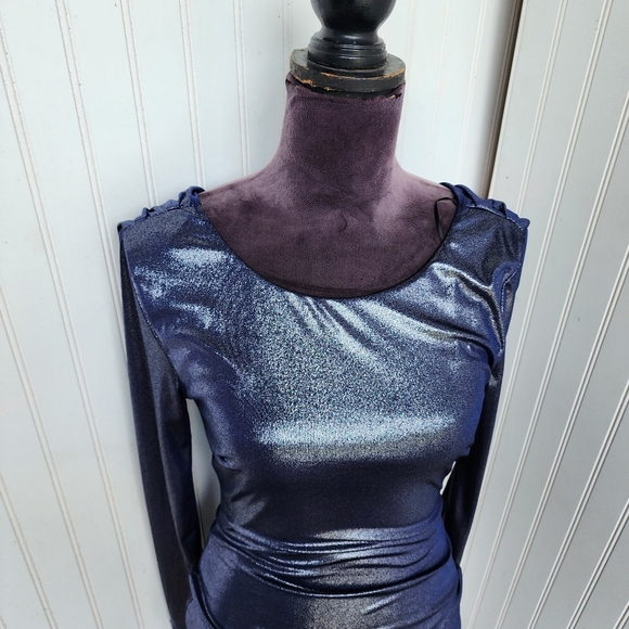 NWT Windsor Navy Blue Metallic Pencil Dress Long Sleeve Stretch Bodycon Bling S - Picture 3 of 16